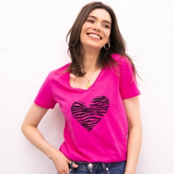 T-shirt Fuchsia Col V Coeur Zèbre FEMME Faubourg54