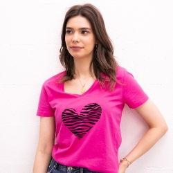 T-shirt Fuchsia Col V Coeur Zèbre FEMME Faubourg54