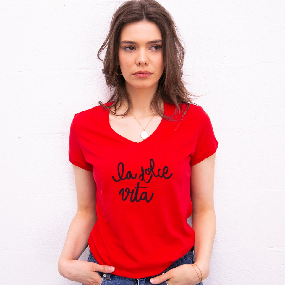 T-shirt Rouge Col V La Dolce Vita FEMME Faubourg54