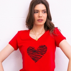 Red v neck T-Shirt Coeur Zèbre