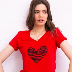 T-shirt Rouge Col V Coeur Zèbre FEMME Faubourg54