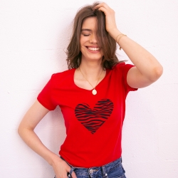 T-shirt Rouge Col V Coeur Zèbre FEMME Faubourg54