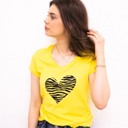 T-shirt Jaune Col V Coeur Zèbre FEMME Faubourg54