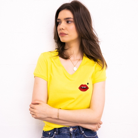 T-shirt Col V Jaune Bouche Cindy