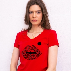 T-shirt Rouge Col V Bouche Cindy Jungle FEMME Faubourg54