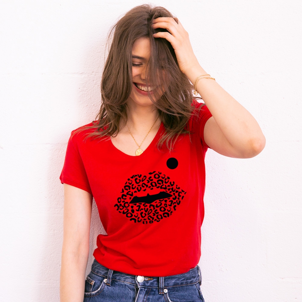 T-shirt Rouge Col V Bouche Cindy Jungle FEMME Faubourg54