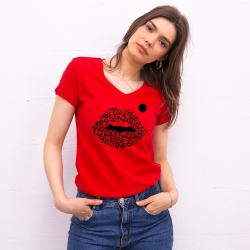 T-shirt Rouge Col V Bouche Cindy Jungle FEMME Faubourg54