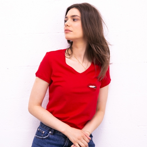 T-shirt Col V Rouge Bouche Martina