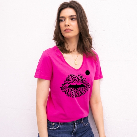 T-shirt Col V Fuchsia Bouche Cindy Jungle