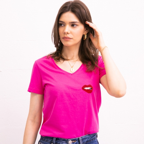 T-shirt Col V Fuchsia Bouche Martina