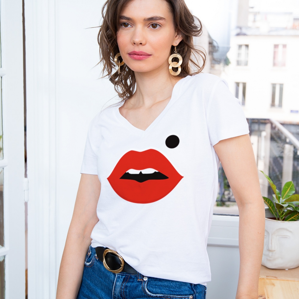 T-shirt Blanc Col V Bouche Cindy Big FEMME Faubourg54