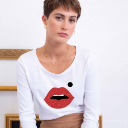 T-Shirt ML Blanc Bouche Cindy Glitter FEMME Faubourg54