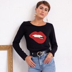 T-Shirt ML Noir Martina Glitter FEMME Faubourg54