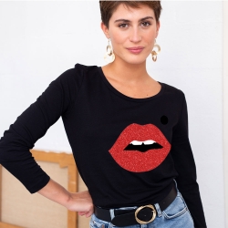 T-Shirt ML Noir Bouche Cindy Glitter FEMME Faubourg54