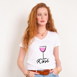T-shirt Blanc Col V Rosé FEMME Faubourg54