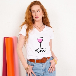 T-shirt Blanc Col V Rosé FEMME Faubourg54