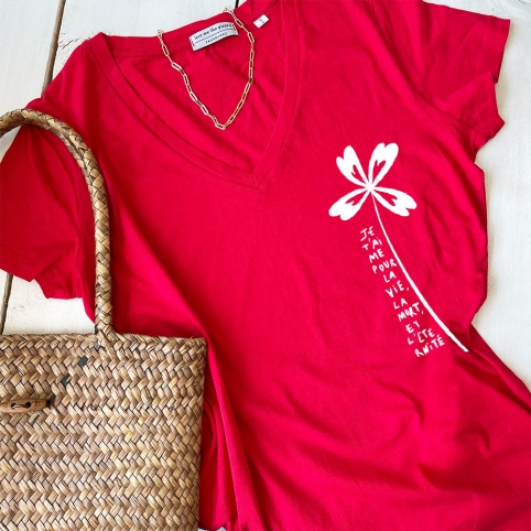 T-shirt Col V Rouge Trèfle collection NOUVELLE VAGUE