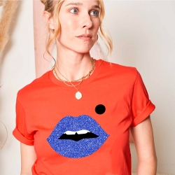 T-shirt Rouge Vermillon Bouche Cindy Glitter Bleu