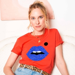 T-shirt Rouge Vermillon Bouche Cindy Glitter Bleu