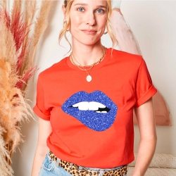 T-shirt Rouge Vermillon Bouche Martina Glitter Bleu