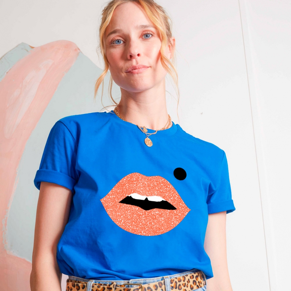 T-shirt Bleu Royal Bouche Glitter Orange Cindy