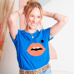 T-shirt Bleu Royal Bouche Glitter Orange Cindy