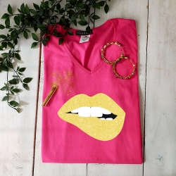 T-shirt Fuchsia Bouche Glitter Jaune