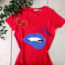 T-shirt Rouge Col V Bouche Glitter Bleu
