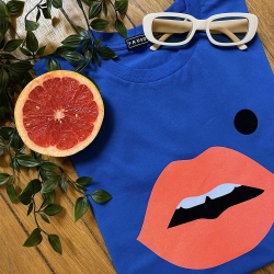 T-shirt Bleu Royal Bouche Glitter Orange Cindy