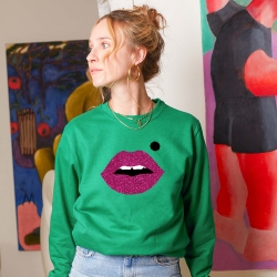 Sweat Vert Bouche Glitter Fuchsia Cindy