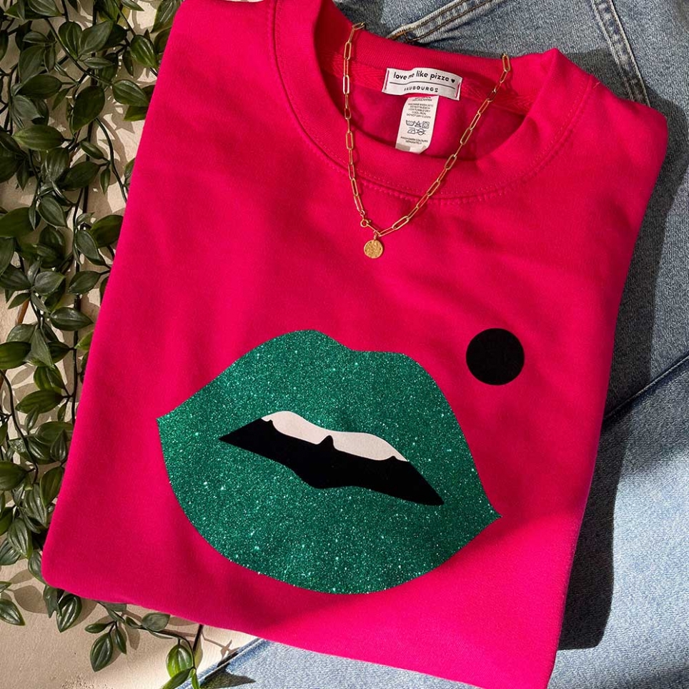 Sweat Fuchsia Bouche Glitter Vert Cindy