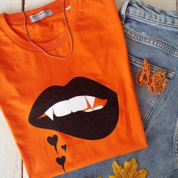 T-shirt Orange Bouche Glitter Noir Halloween Martina