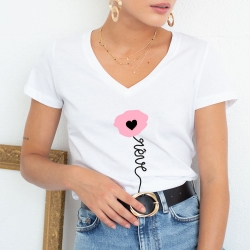 White v neck T-Shirt Pink Papavero
