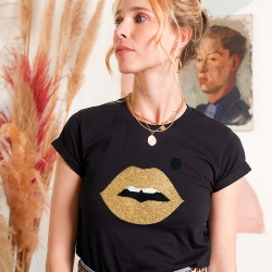 Black T-Shirt Lips Gold Glitter Big