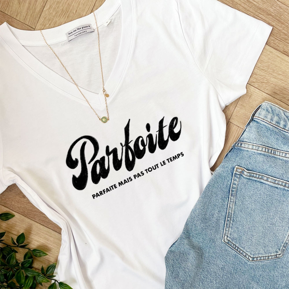 T-shirt Blanc Col V Parfoite Faubourg 54 Femme