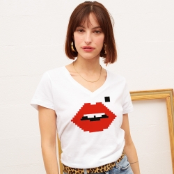 T-shirt Blanc Col V Bouche Cindy Pixel