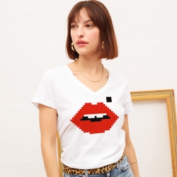 T-shirt Blanc Col V Bouche Cindy Pixel Faubourg54