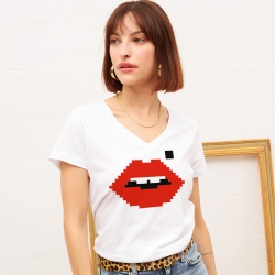 T-shirt Blanc Col V Bouche Cindy Pixel