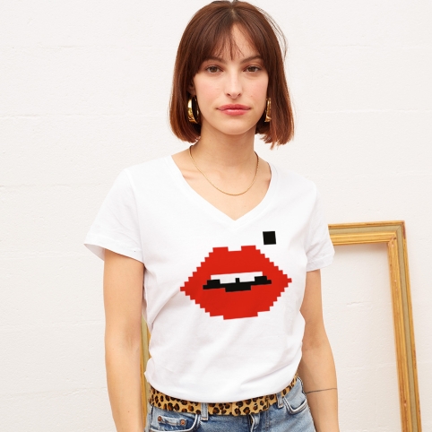 T-shirt Col V Blanc Bouche Cindy Pixel