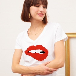 T-shirt Blanc Col V Bouche Martina Pixel Faubourg54