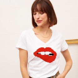 T-shirt Blanc Col V Bouche Martina Pixel Faubourg54