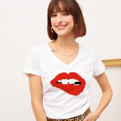 T-shirt Blanc Col V Bouche Martina Pixel Faubourg54