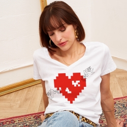 T-shirt Blanc Col V Coeur Cupidon Pixel