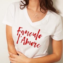 T-shirt Blanc Col V Fanculo L'amore