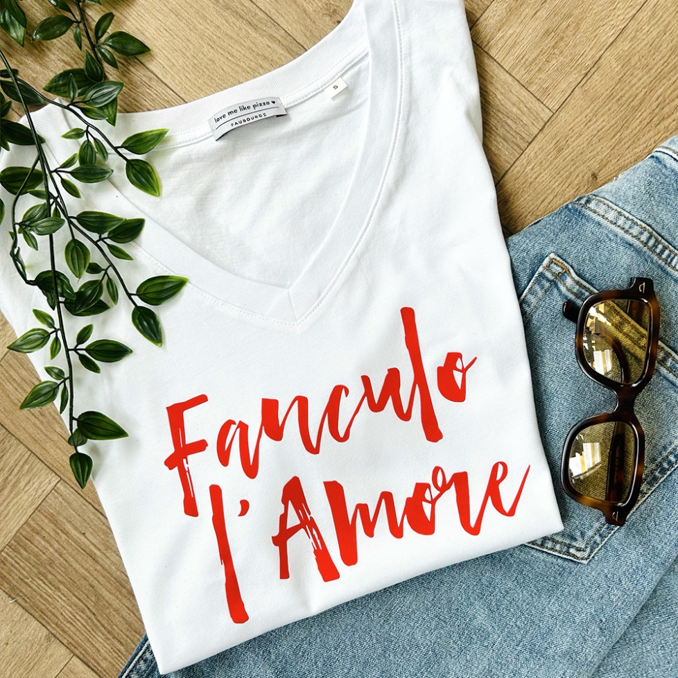 T-shirt Blanc Col V Fanculo L'amore