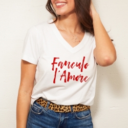 T-shirt Blanc Col V Fanculo L'amore