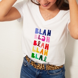 T-shirt Blanc Col V Blah Blah coloré