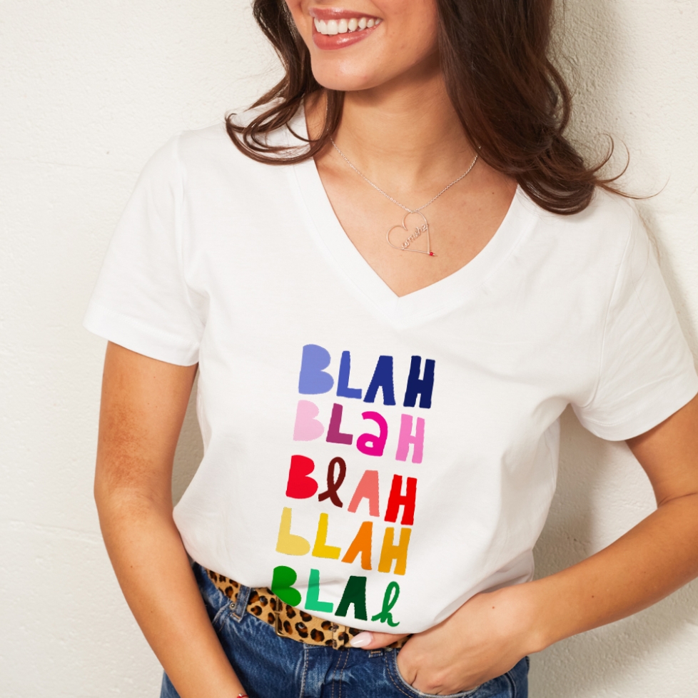 T-shirt Blanc Col V Blah Blah coloré