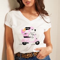 T-shirt Blanc Col V Pink Vespa Faubourg54