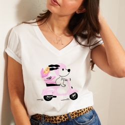 T-shirt Blanc Col V Pink Vespa